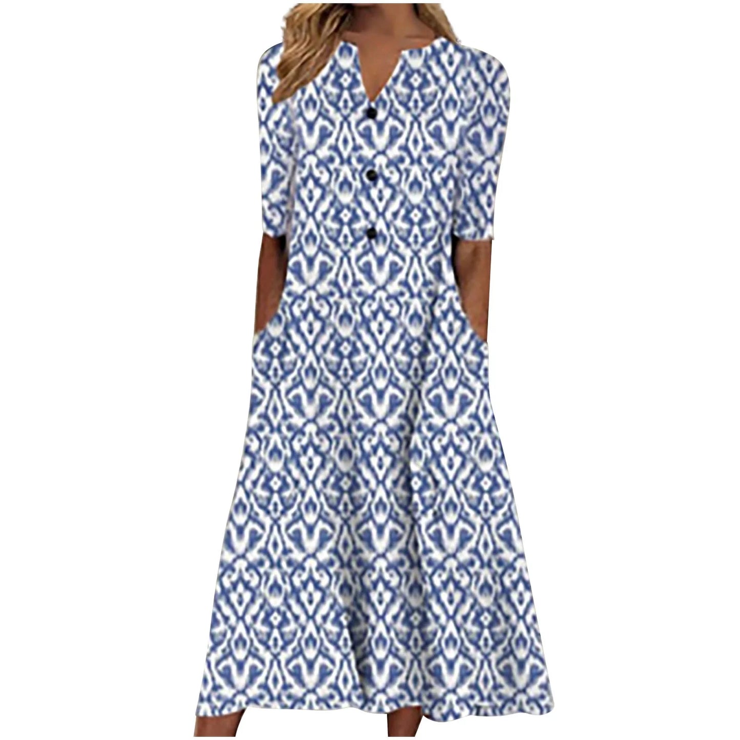 Usmixi Summer Dresses for Women Casual Pocket Button down plus Size Tunic Dresses Elbow-Length V-Neck Camouflage Long Sun Dress Sky Blue XL