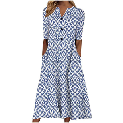 Usmixi Summer Dresses for Women Casual Pocket Button down plus Size Tunic Dresses Elbow-Length V-Neck Camouflage Long Sun Dress Sky Blue XL